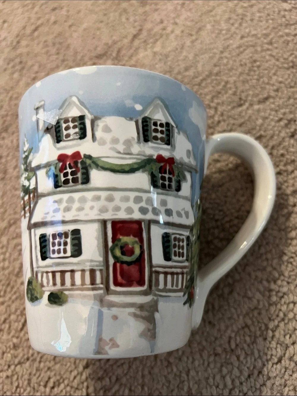 Pier 1 Red Barn Holiday Mug with Snowy Scene sleigh snowman